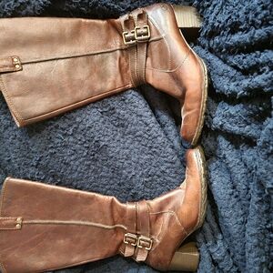 Born Brown Heeled Boots with Gold Buckle Detail Size 9 1/2